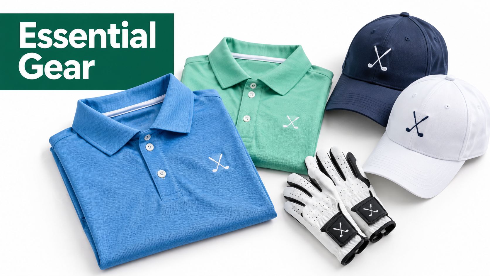 A collection of essential golf gear including two polo shirts, two baseball caps, and a pair of gloves.