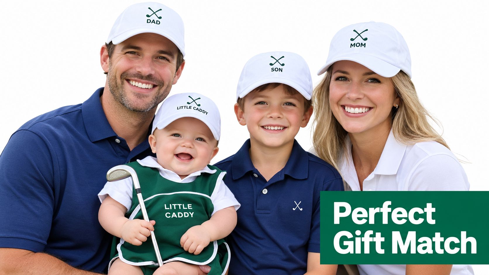 A happy family of four wearing matching personalized golf hats and outfits on a white background.