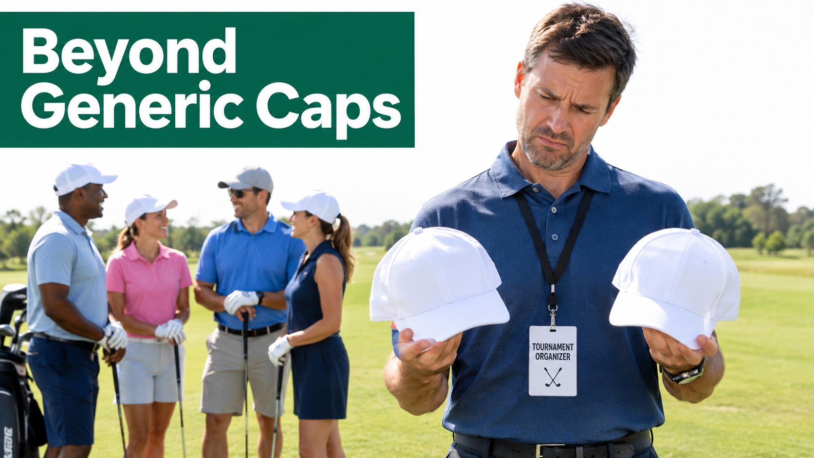 A golf tournament organizer holds two plain white caps while four golfers stand in the background.