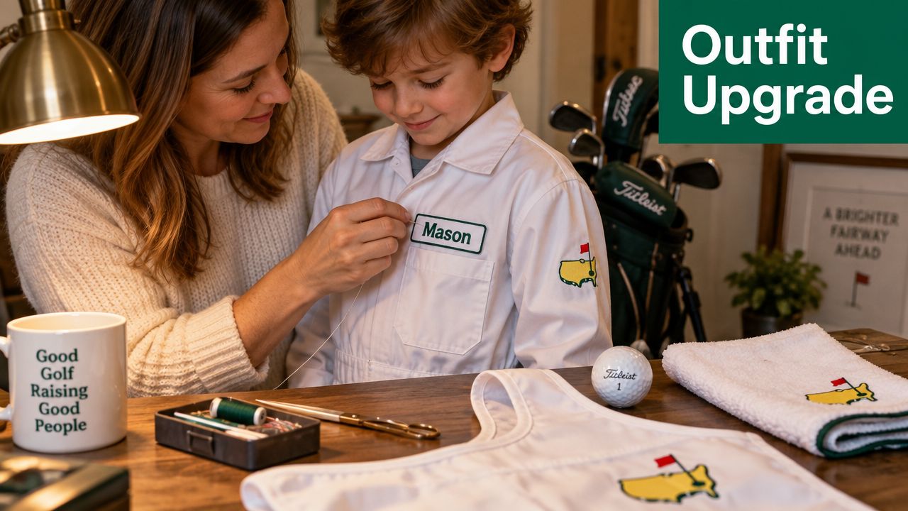 A mother sewing a personalized name patch onto a white golf caddie jumpsuit for her young son.