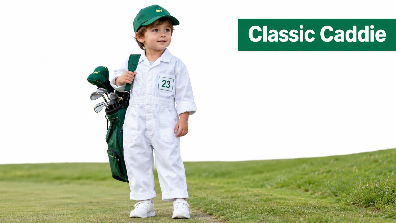 A cute toddler dressed in a classic Masters caddy costume with a green cap and golf bag.
