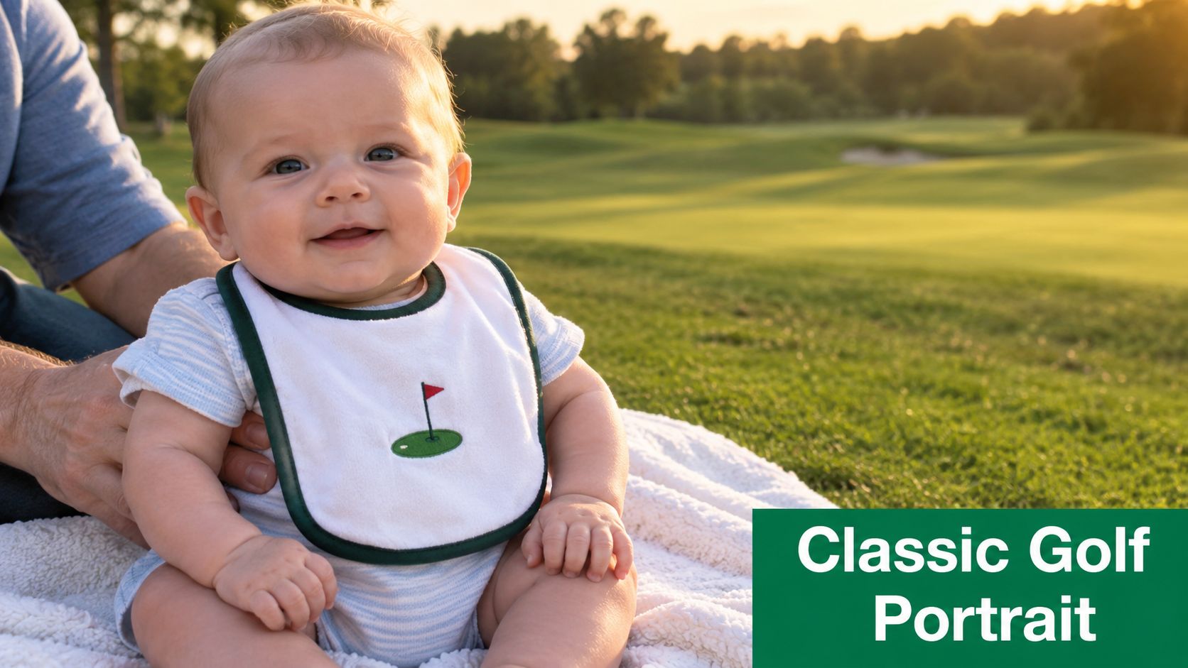 A happy baby sits on a golf course for a classic professional portrait photoshoot outdoors.