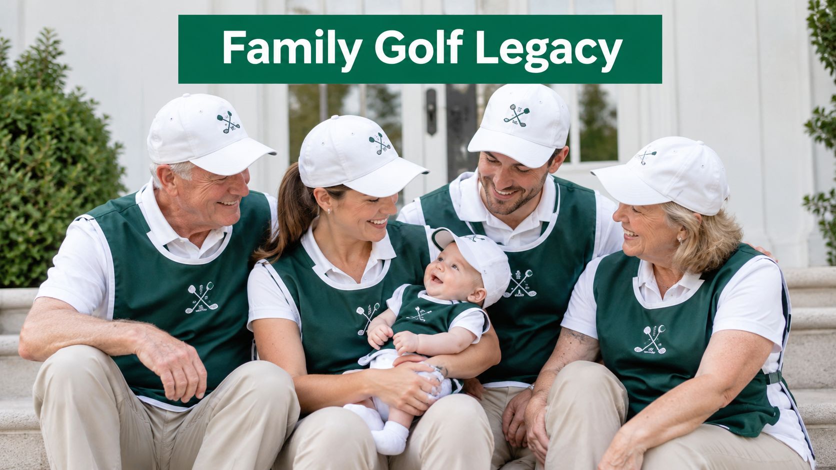 A happy multi-generational family wearing matching green caddy vests and white caps during a newborn photo shoot.