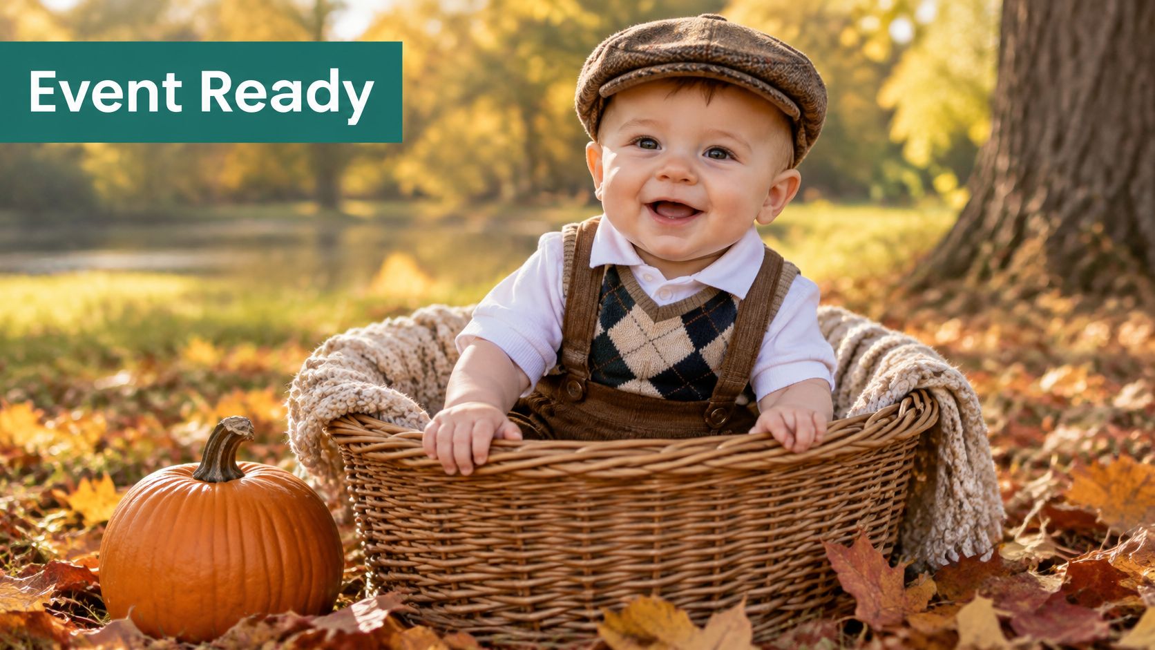 A happy baby boy wearing a vintage golf outfit and newsboy cap sitting in a wicker basket.