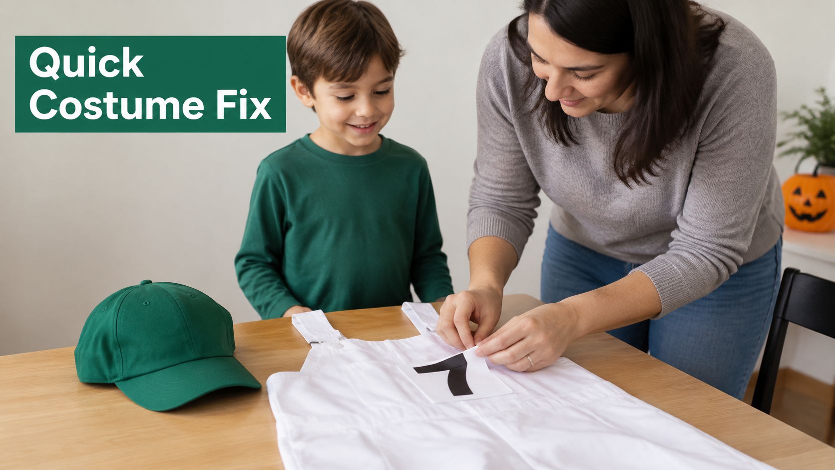 A mother helping her young son prepare a DIY costume for Halloween at a wooden table.