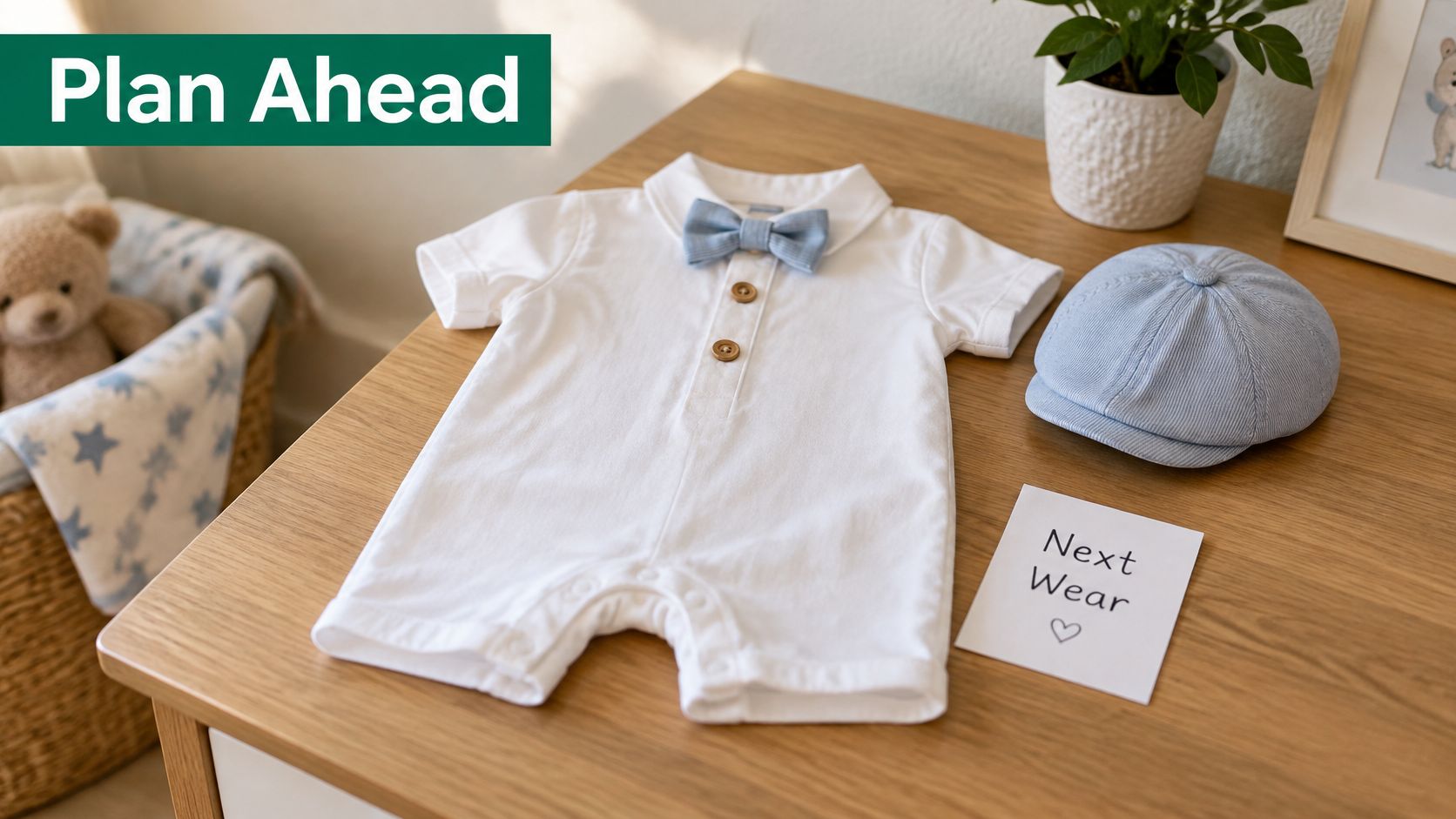 A crisp white baby boy romper with a blue bow tie and matching cap on a wooden table.