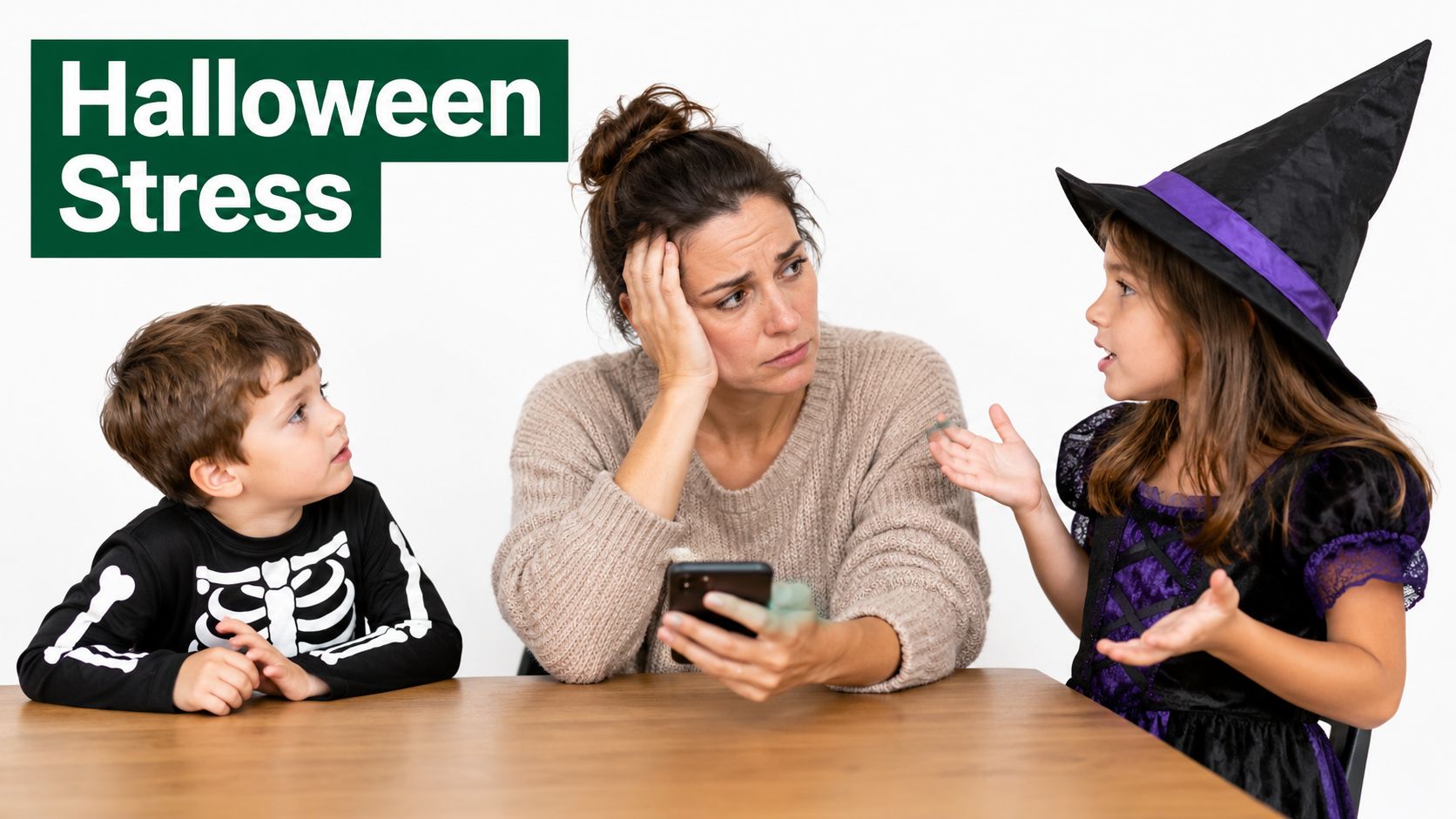 A tired mother looks stressed while holding a phone between her two children dressed in Halloween costumes.
