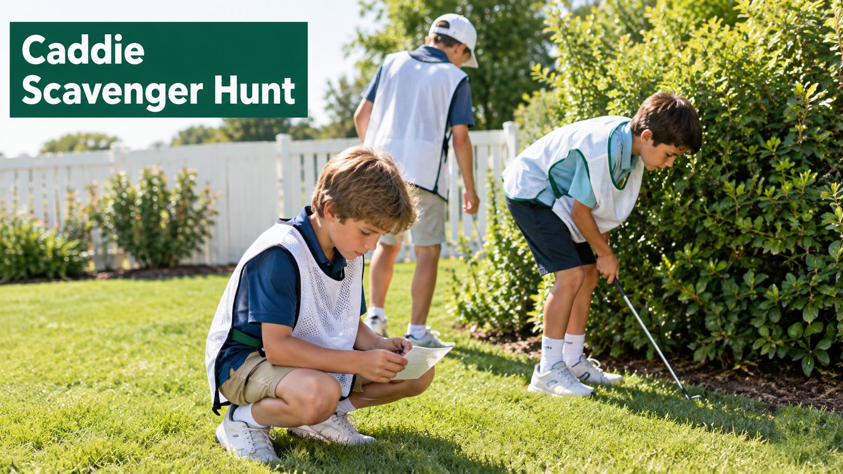 Three young boys wearing caddie vests participate in a fun outdoor scavenger hunt at a golf course.