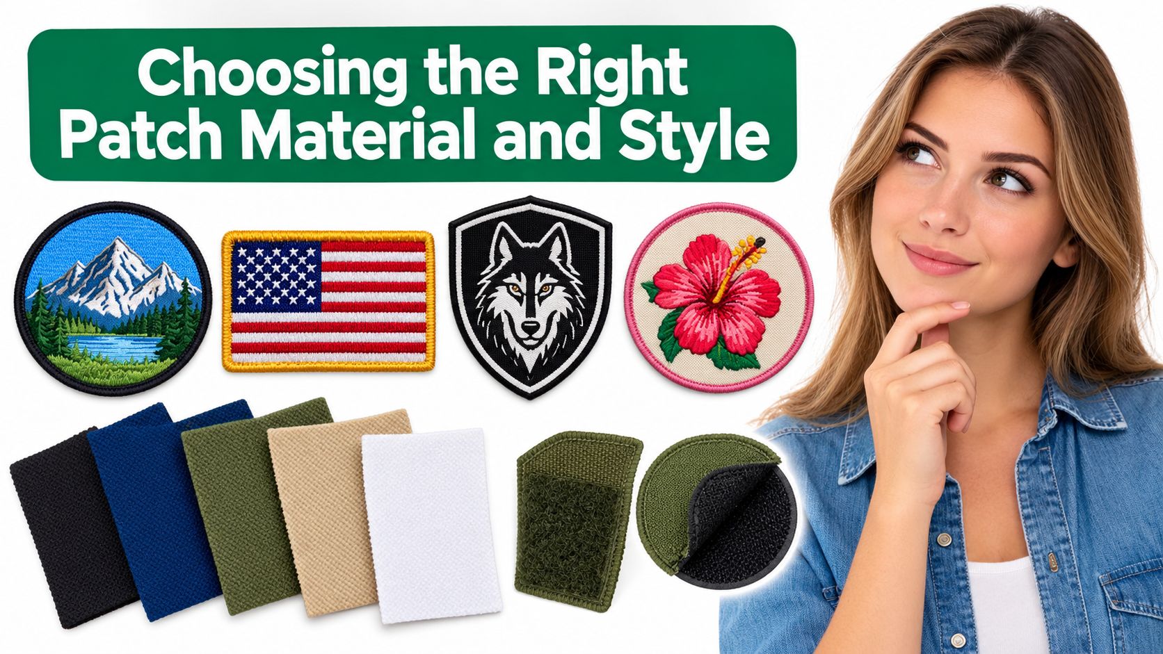 A woman looks thoughtful next to a display of various embroidered patches and velcro backing materials.