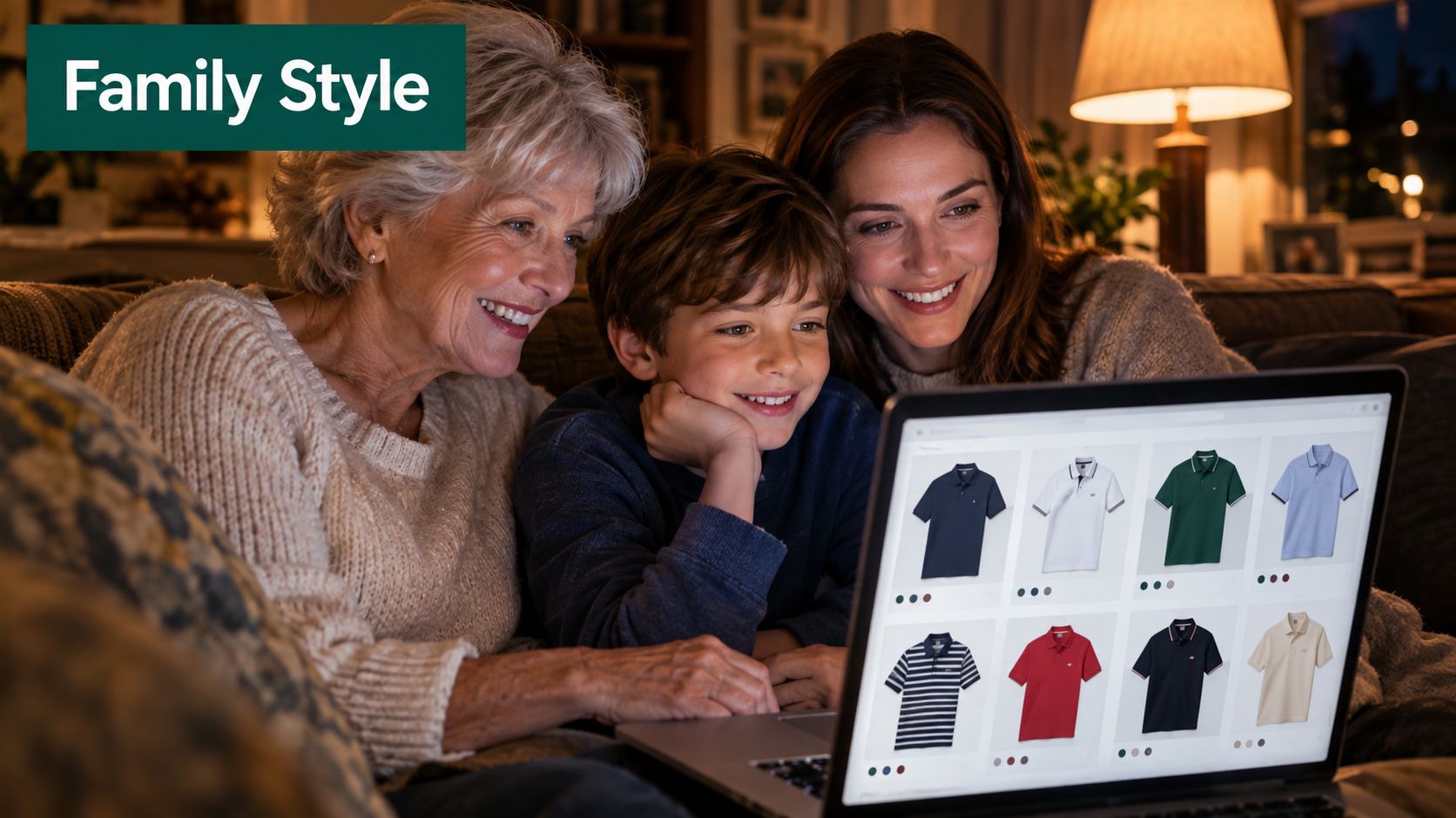 A grandmother, mother, and son sitting on a sofa while browsing golf shirts on a laptop computer.