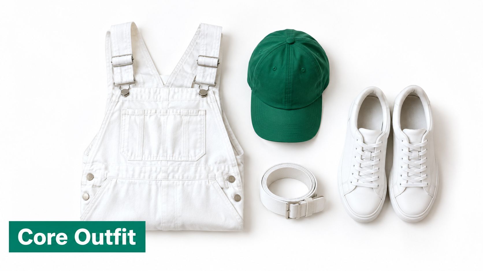 A flatlay of a masters themed party outfit featuring white overalls, a green cap, and sneakers.