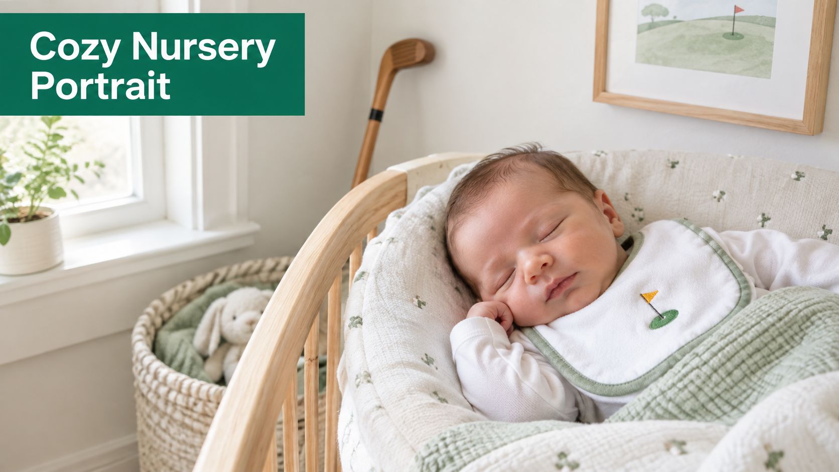 A peaceful newborn baby sleeping in a cozy bassinet decorated with a charming golf theme.