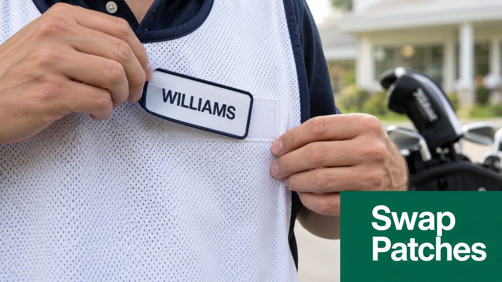A person wearing a white golf caddie bib with a name tag that reads Williams