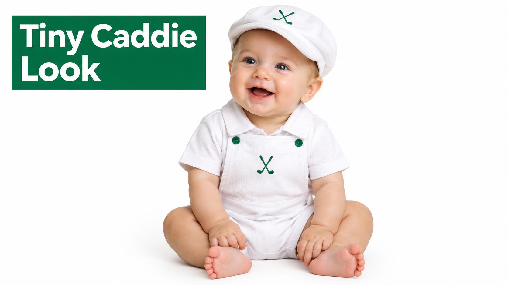 A happy baby boy wearing a white caddy golf outfit with a matching hat, sitting on white.