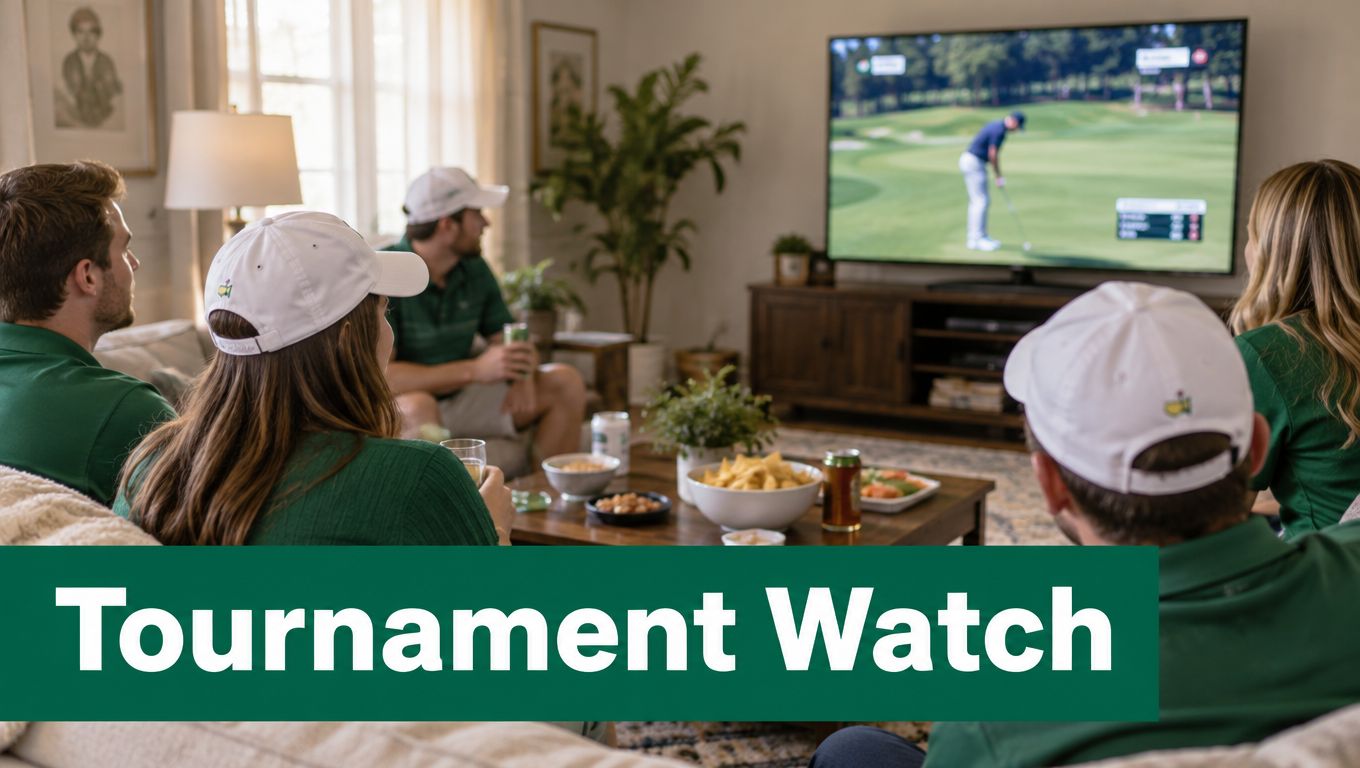 A group of friends wearing matching green shirts and golf caps watching a golf tournament on television.
