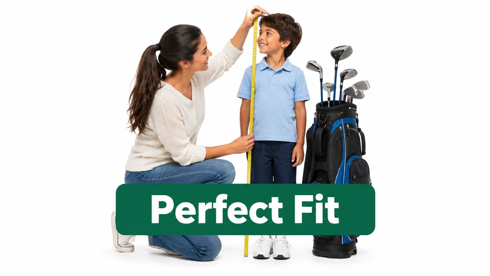 A woman measuring the height of a young boy standing next to a golf club bag.