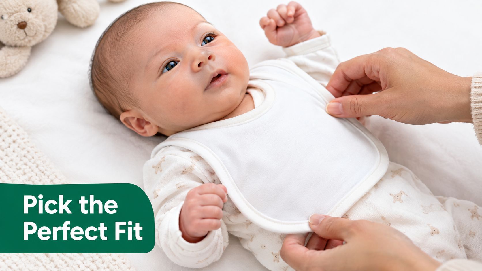 A close-up view of a newborn baby wearing a white bib with hands adjusting the fit.