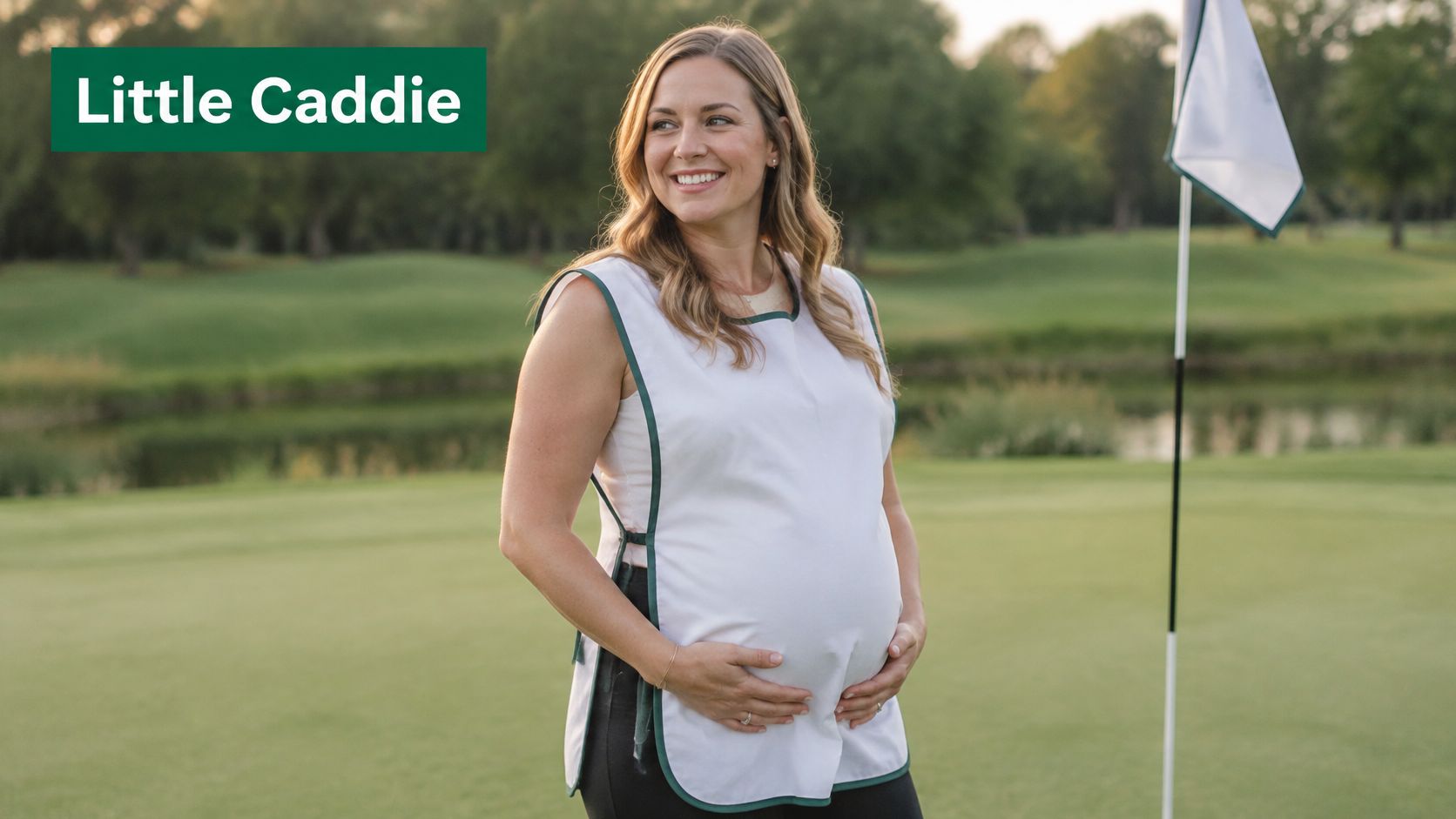 A pregnant woman wearing a caddie bib on a golf course for a sports themed pregnancy announcement.