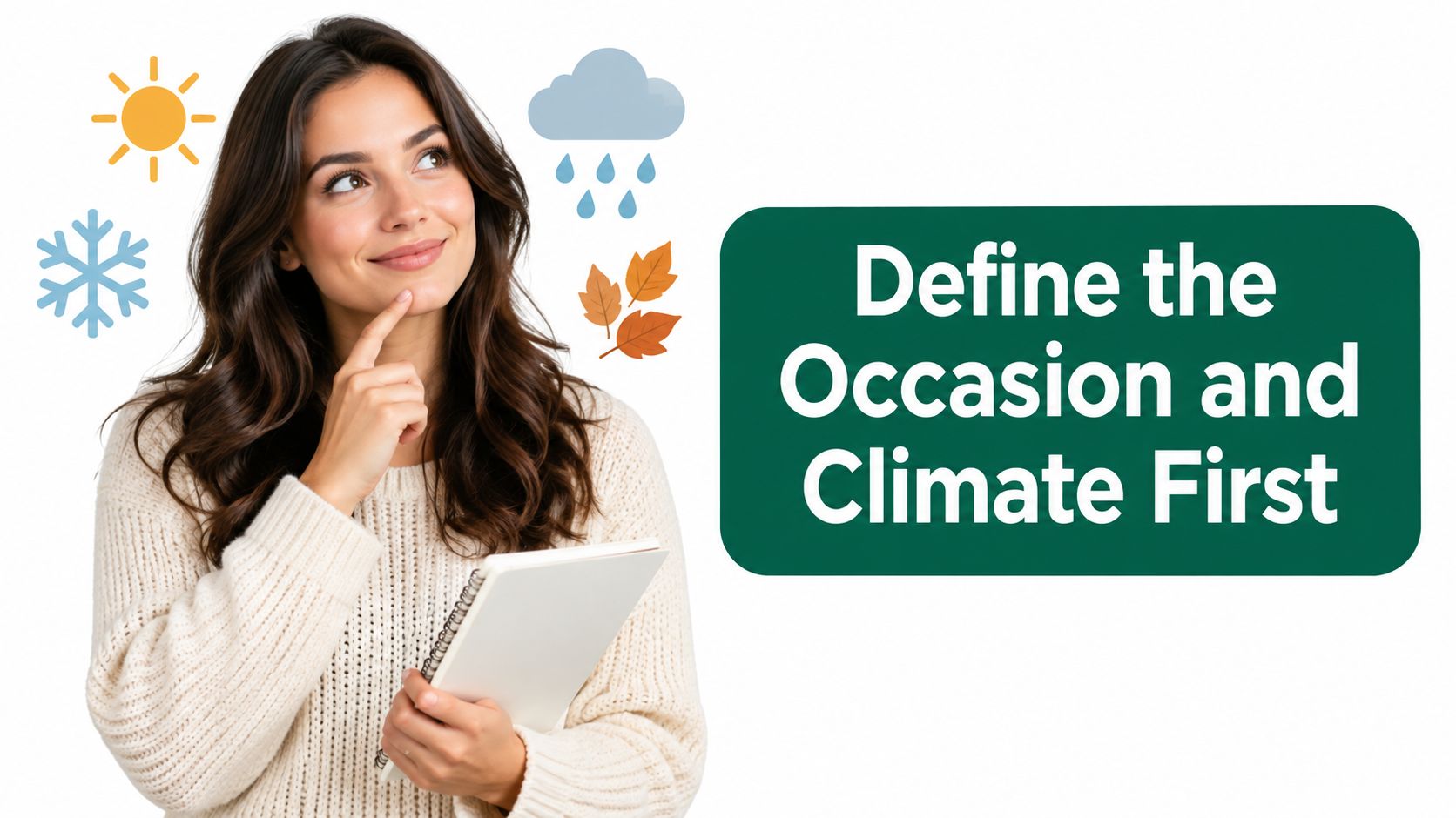 A woman thinking about weather icons while holding a notepad, emphasizing climate considerations for outfit planning.