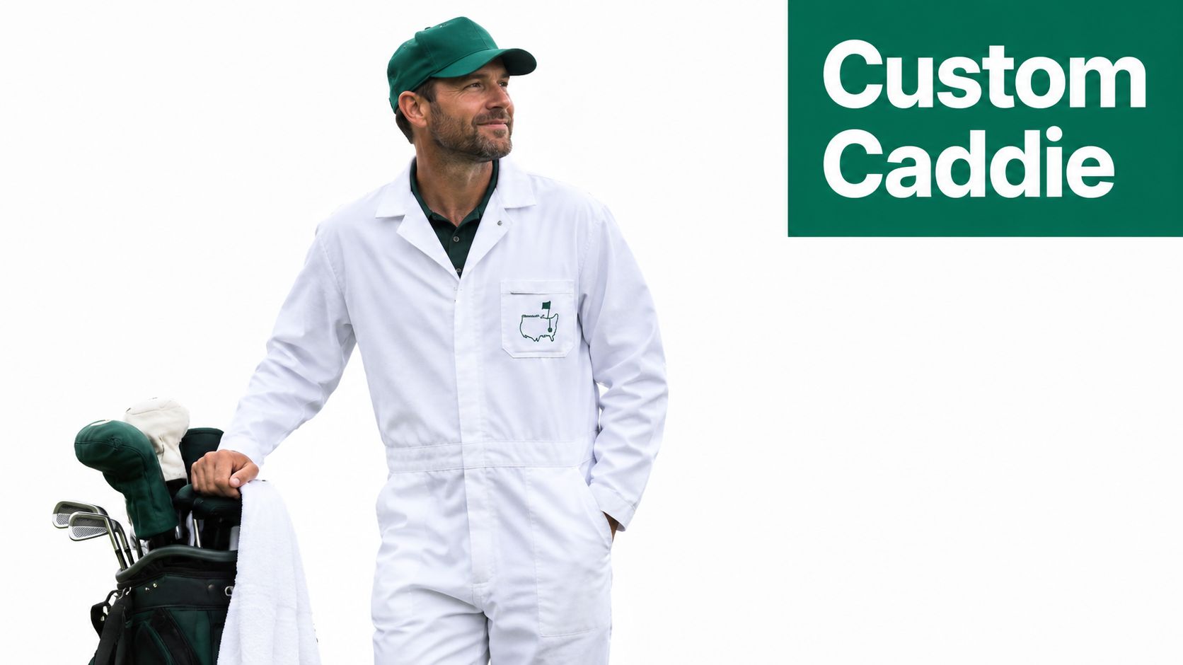 A professional golf caddy dressed in a white jumpsuit and green cap standing with golf clubs.