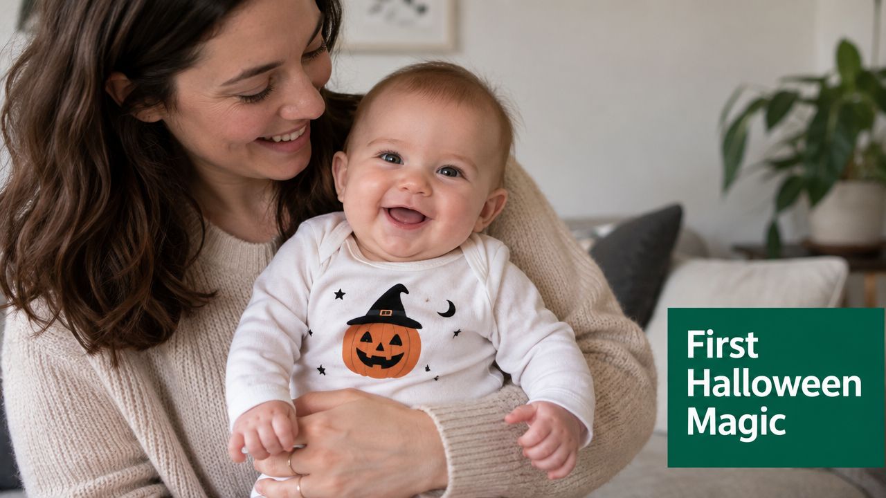 A happy infant in a pumpkin witch costume being held by their mother at home.