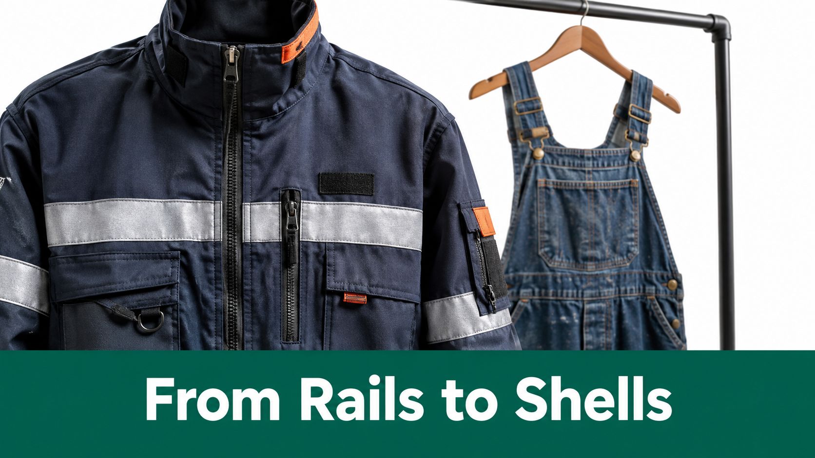 A close up view of a blue work jacket with reflective strips next to denim overalls.