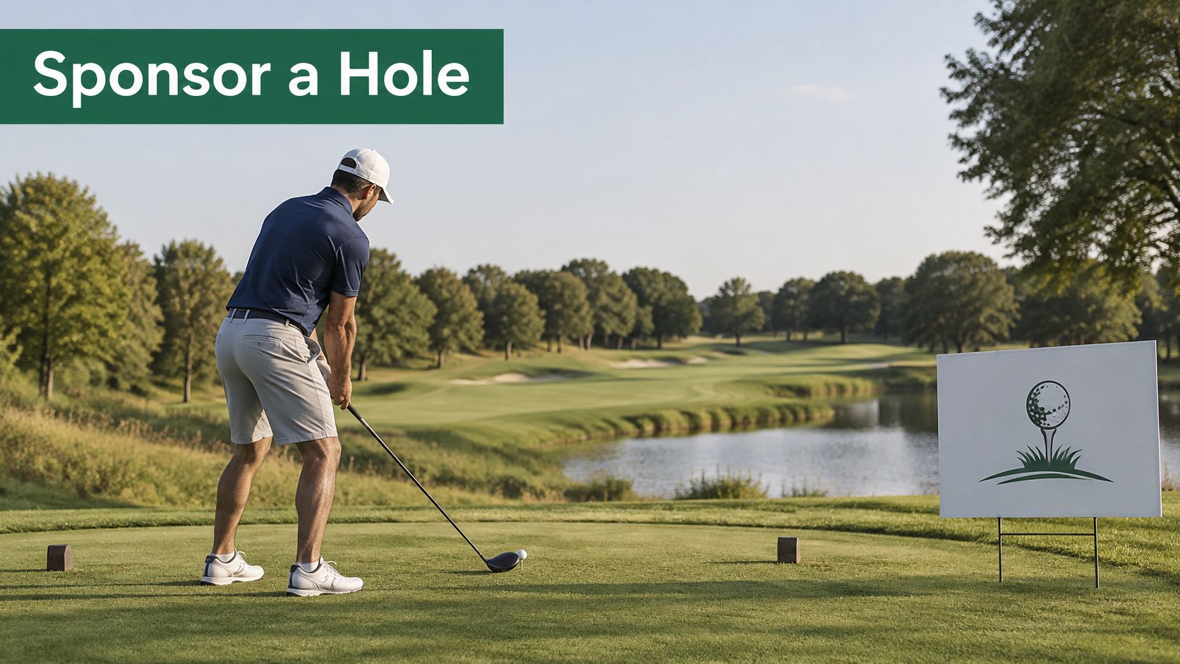 A professional golfer preparing to tee off on a scenic golf course during a charity tournament.