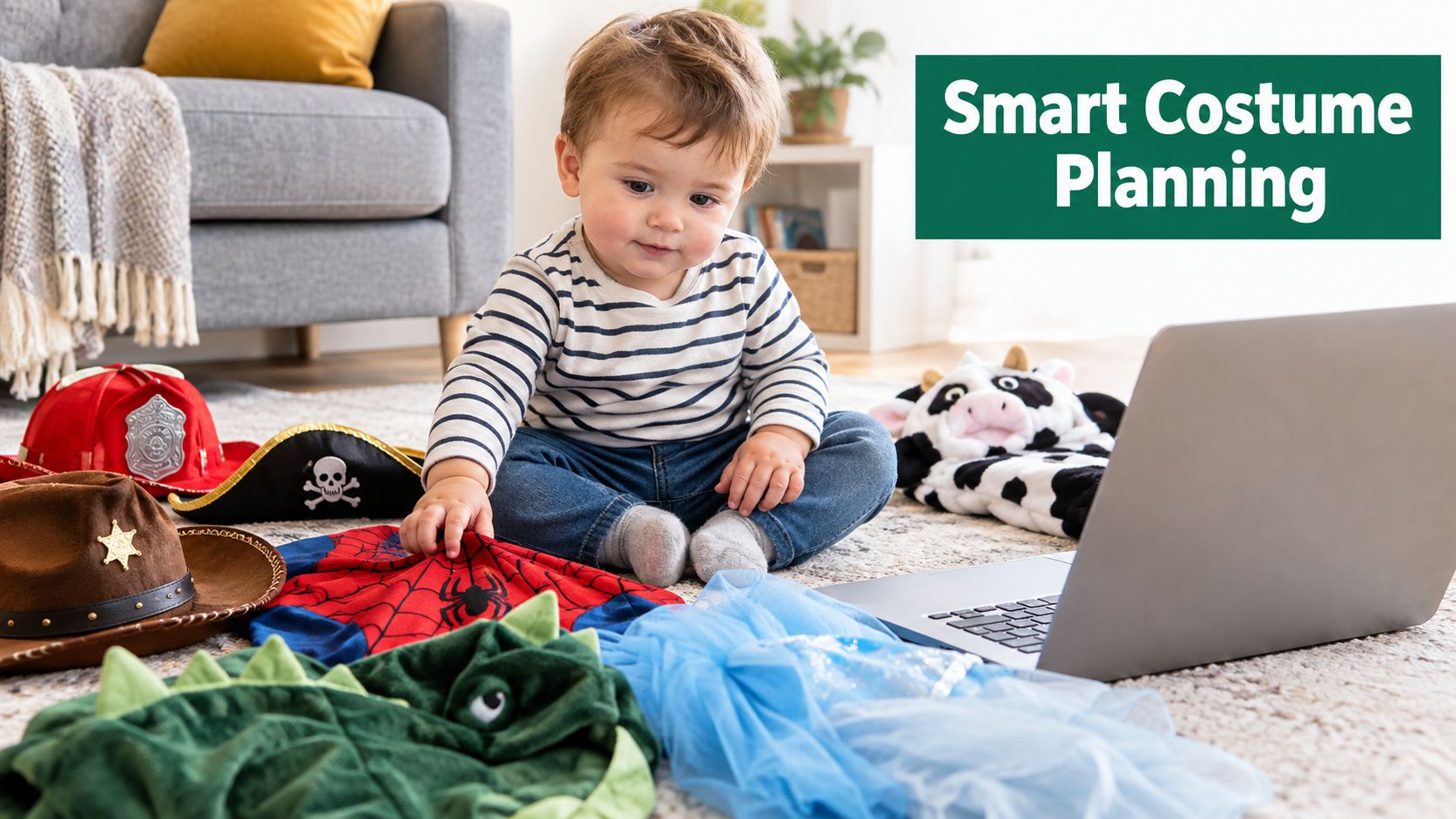 A cute toddler boy sits on the carpet choosing a Halloween costume while using a laptop computer.