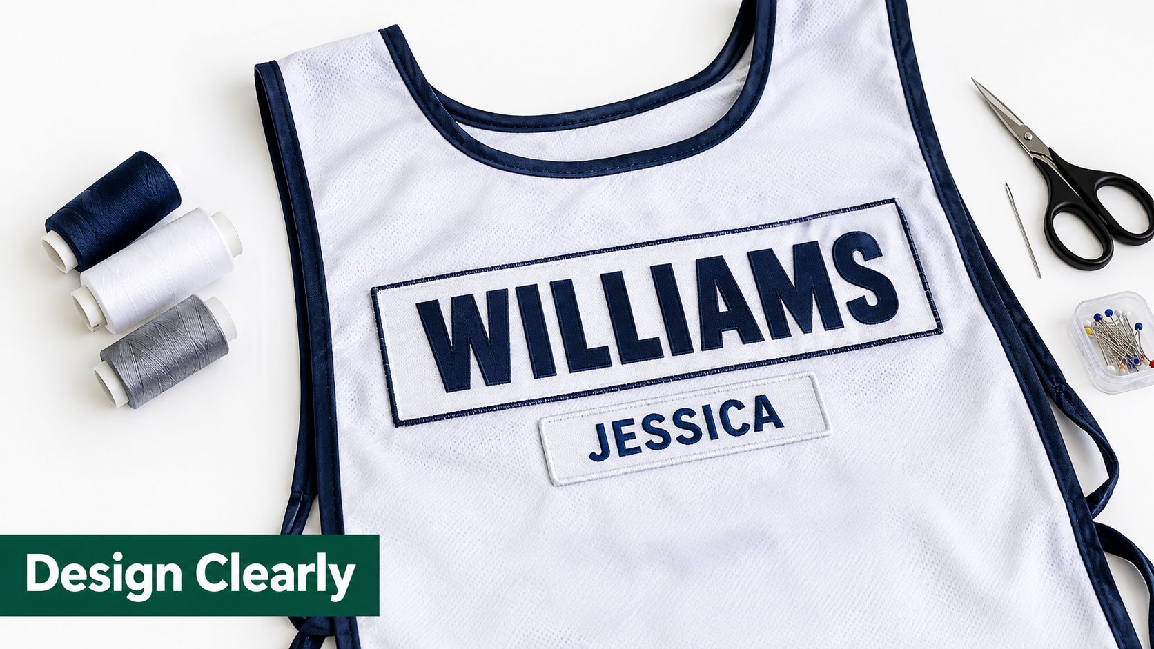 A custom velcro name patch for a sports jersey sits alongside sewing supplies and embroidery equipment.