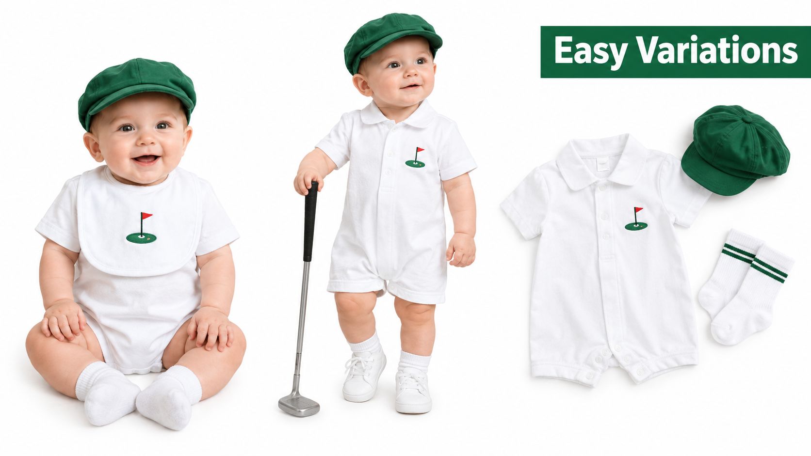 A baby boy dressed in a golf-themed outfit with a cap, polo onesie, and tiny golf club.