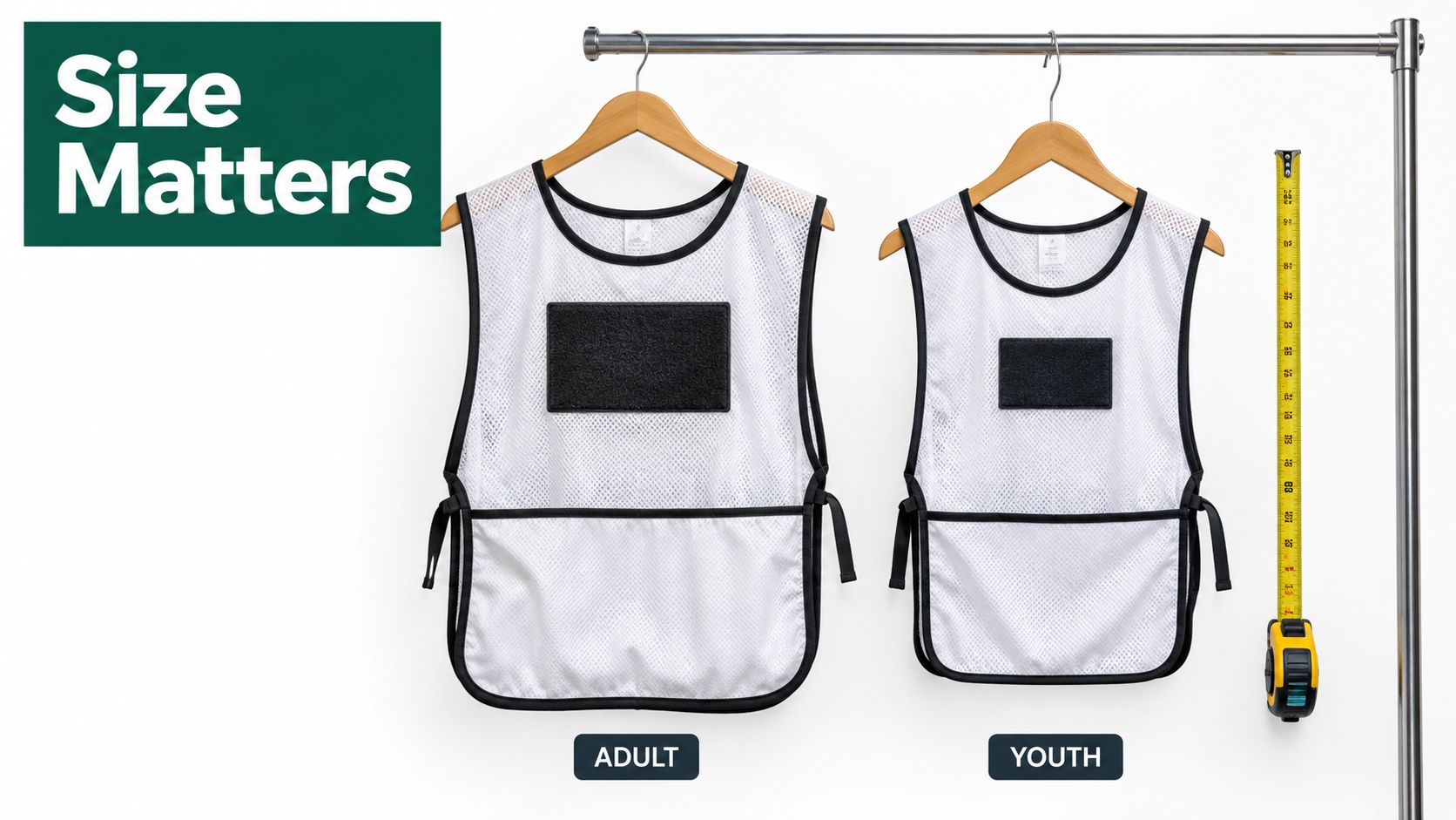 An adult and youth sized white mesh tactical vests with velcro patches hanging on a clothing rack.