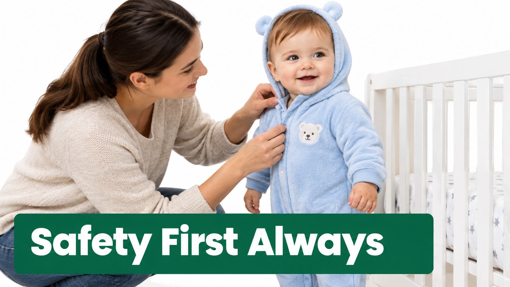 A mother dressing her smiling baby boy in a soft blue bear onesie near a white crib.