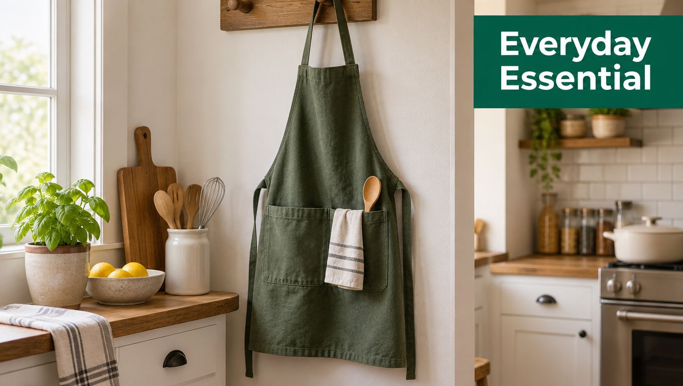 A green linen bib apron with front pockets hangs on a kitchen wall next to wooden utensils.