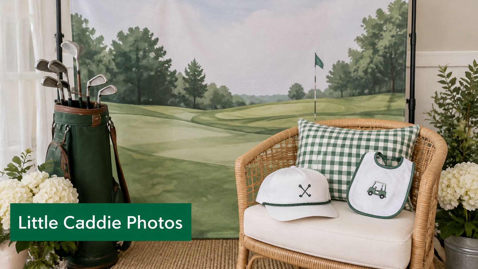 A themed baby shower photo setup featuring a golf bag, a wicker chair, and baby golf accessories.
