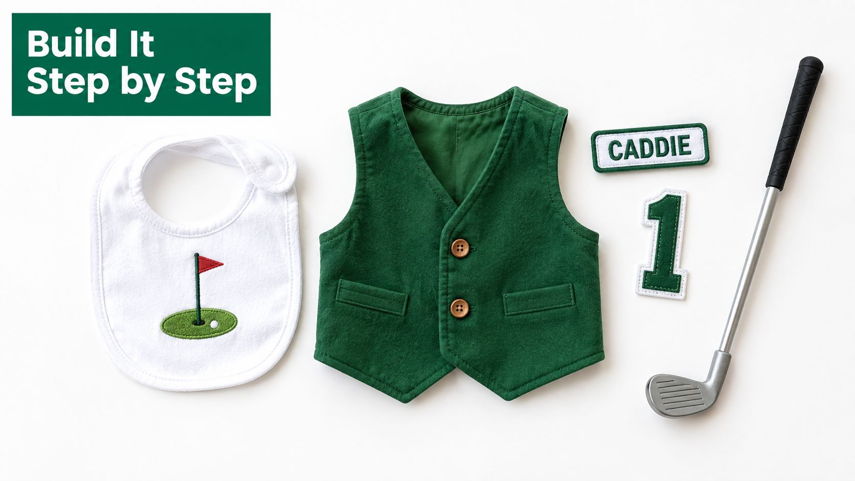 A newborn golf themed Halloween costume set including a green vest, a bib, caddie patch, and toy club.
