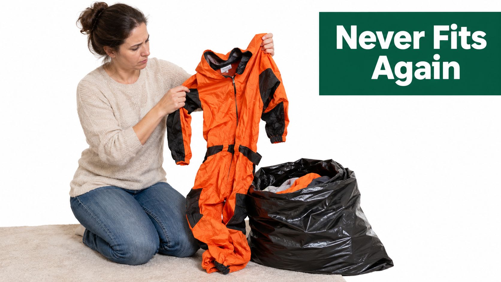 A woman kneeling on a rug, holding up orange and black children's coveralls near a trash bag.