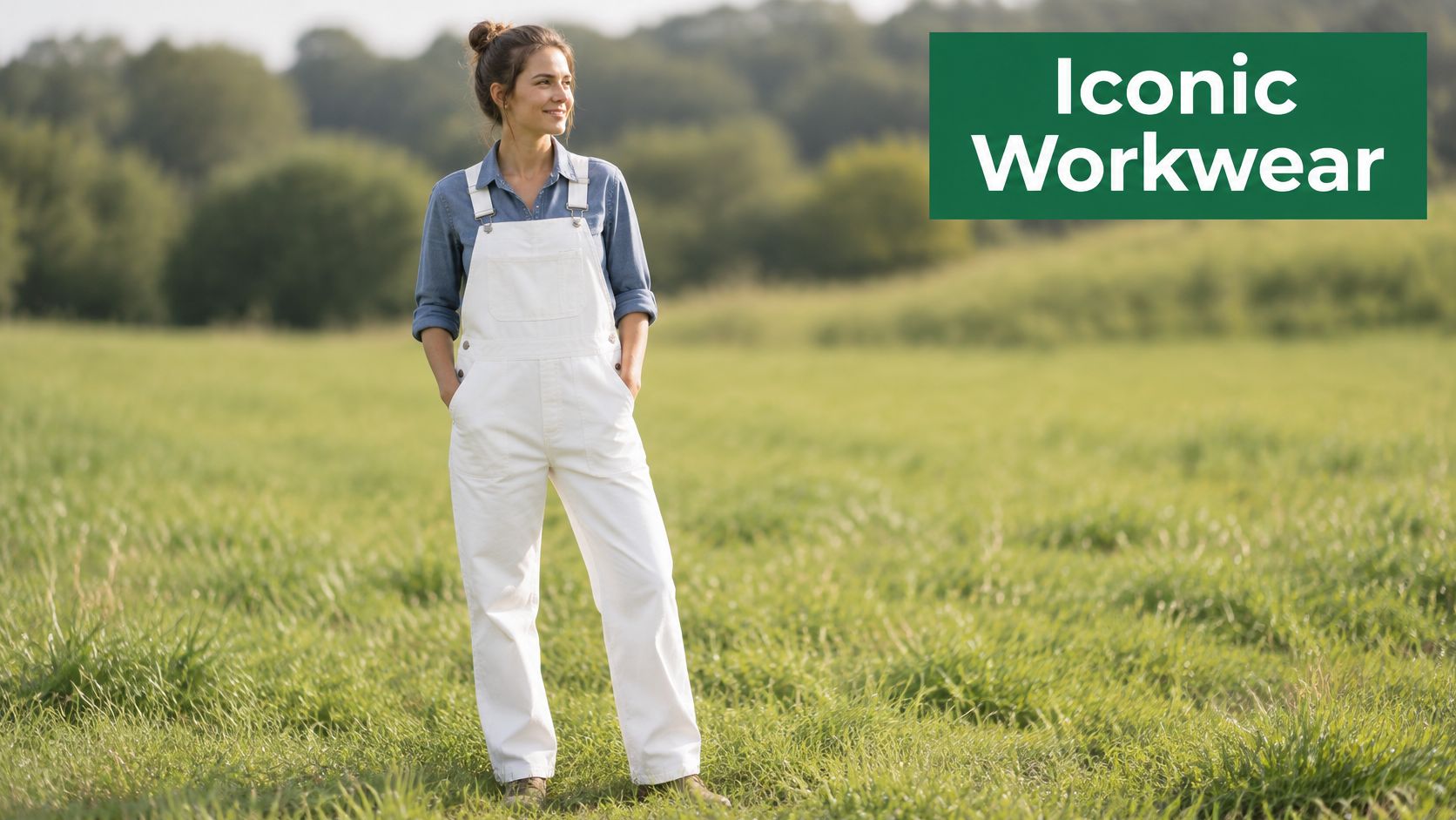 A smiling woman wearing white overalls and a blue shirt standing in a lush green meadow.