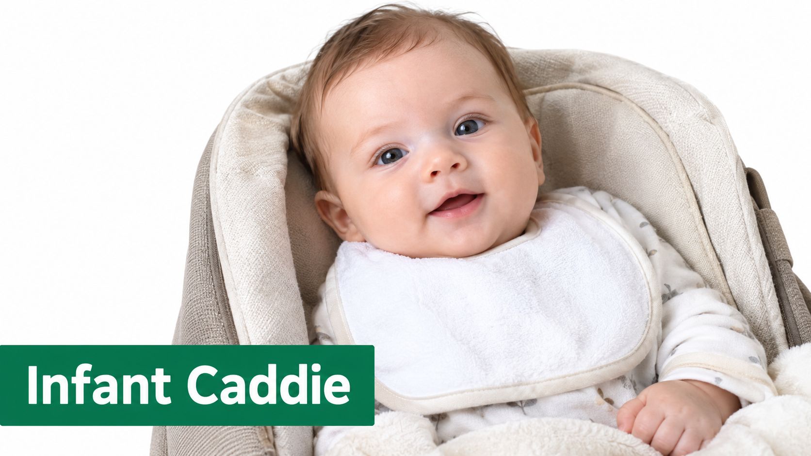 A happy baby wearing a white bib sits comfortably inside a cushioned infant caddy carrier.