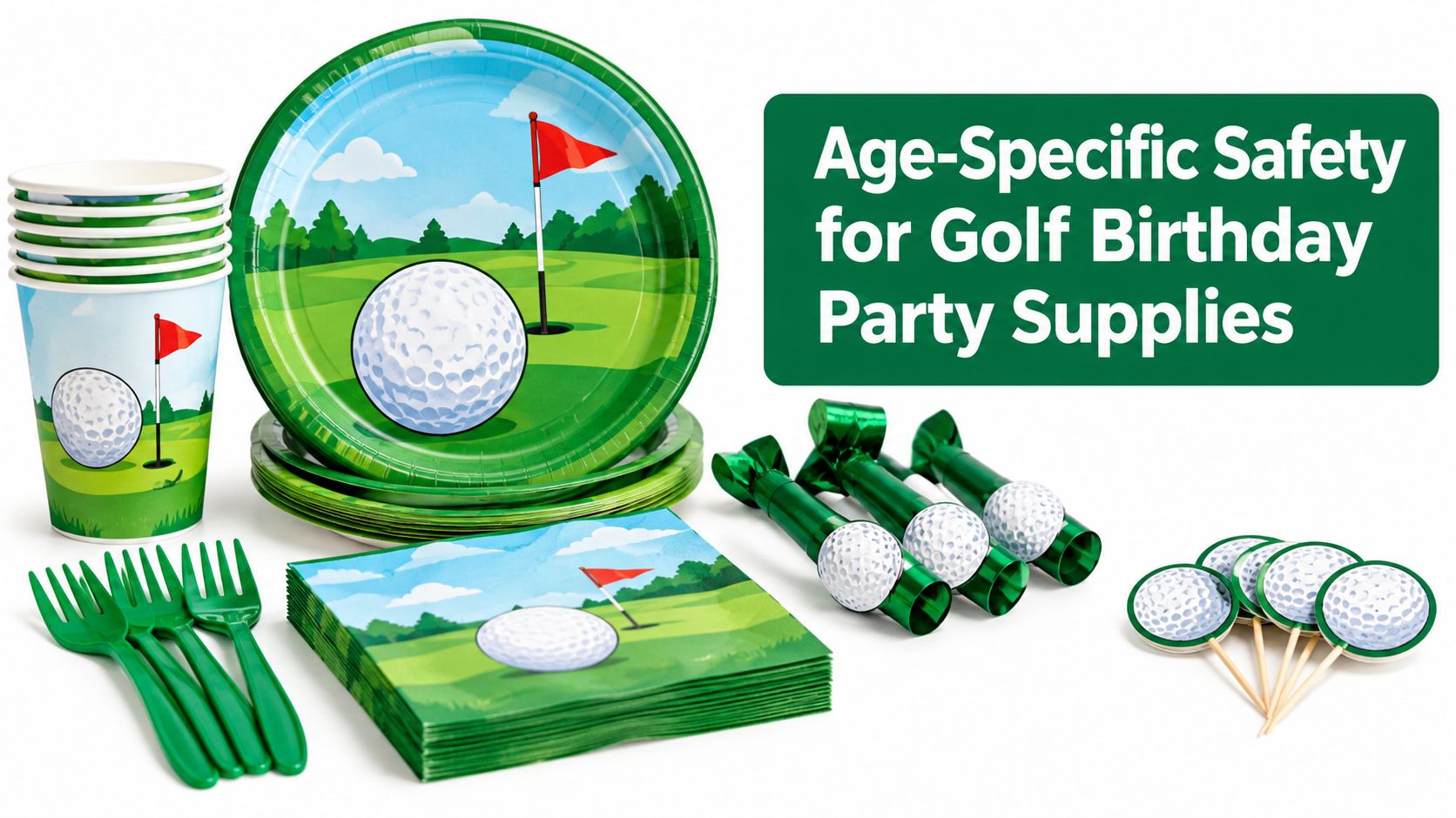 A set of golf-themed birthday party supplies including plates, napkins, cups, cutlery, party blowers, and cupcake toppers.