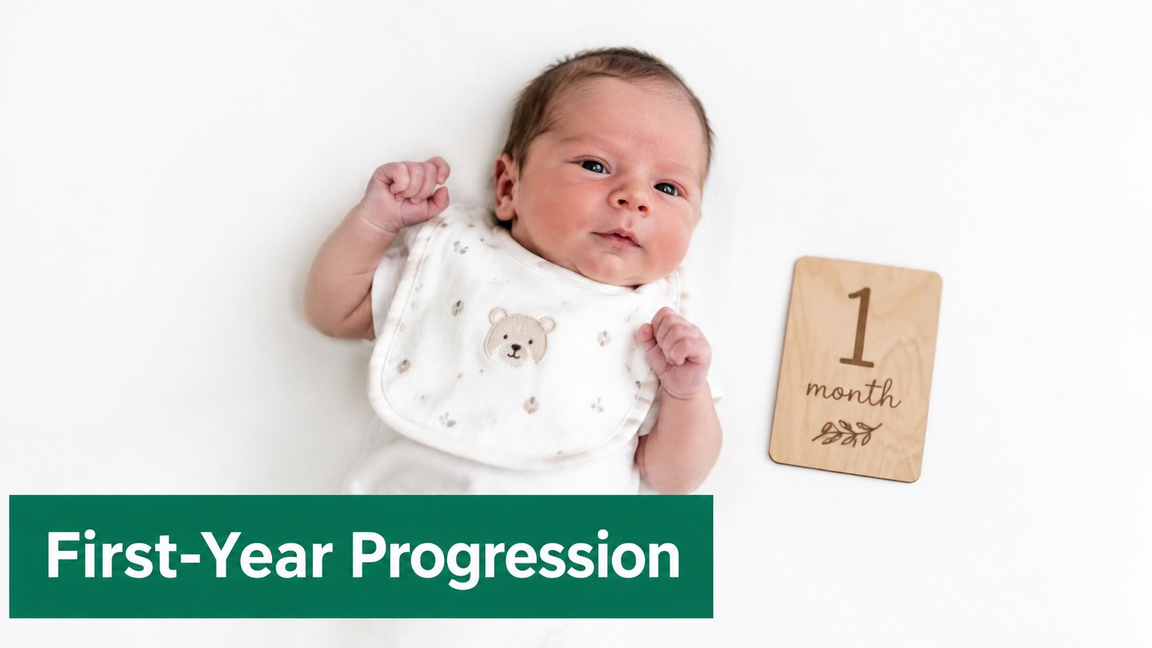 A newborn baby lying on a white surface next to a wooden plaque saying 1 month.