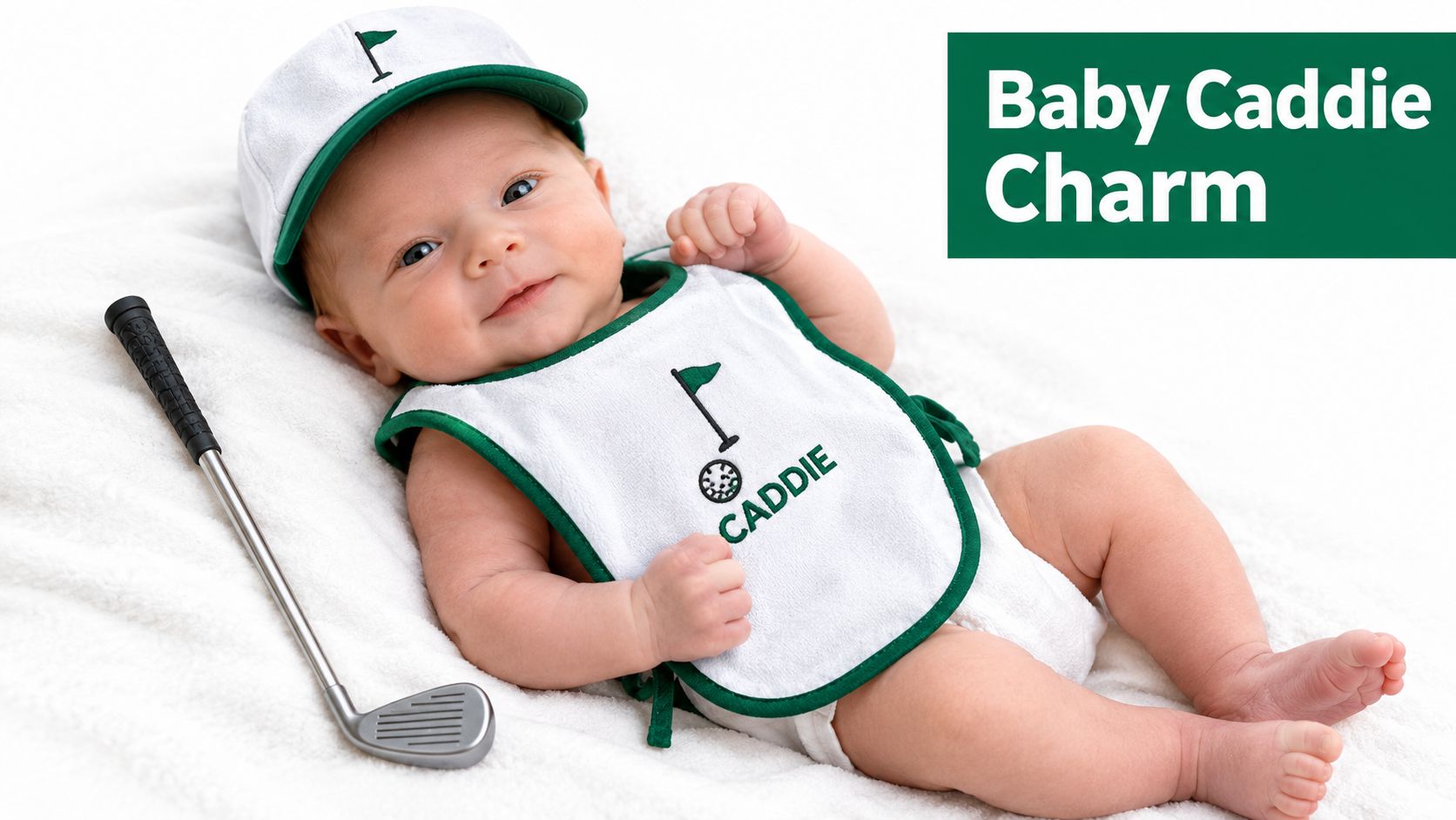 A cute newborn baby wearing a golf-themed cap and bib lying on a soft white blanket.