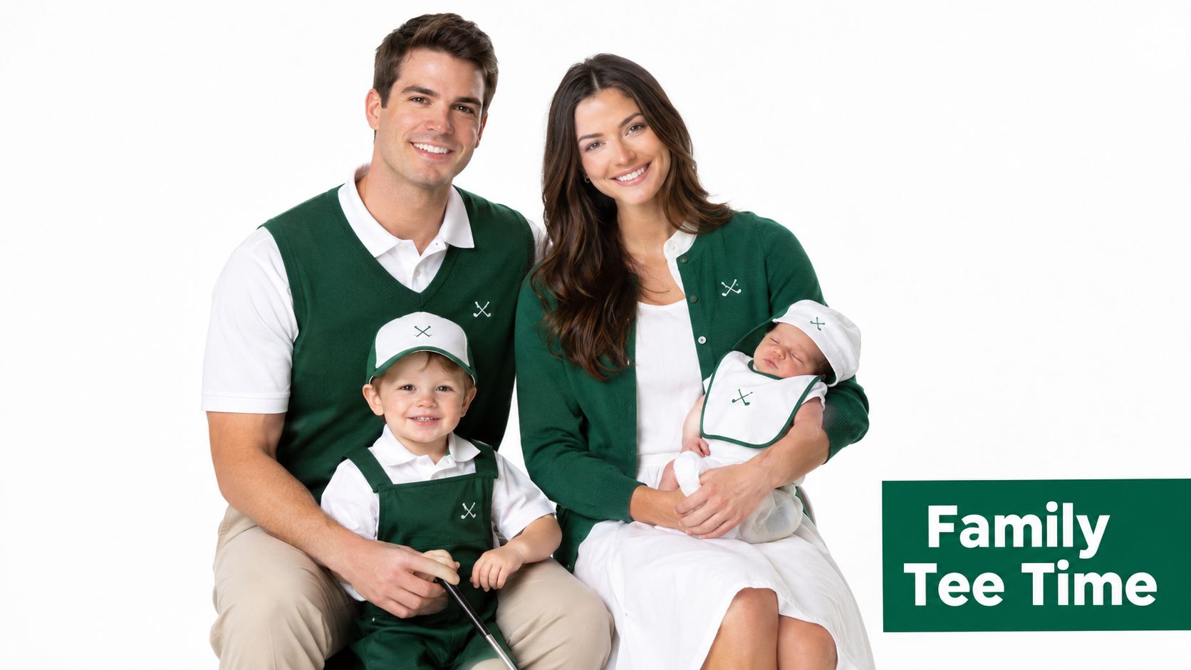 A family of four dressed in matching green golf-themed outfits posing together in a studio.