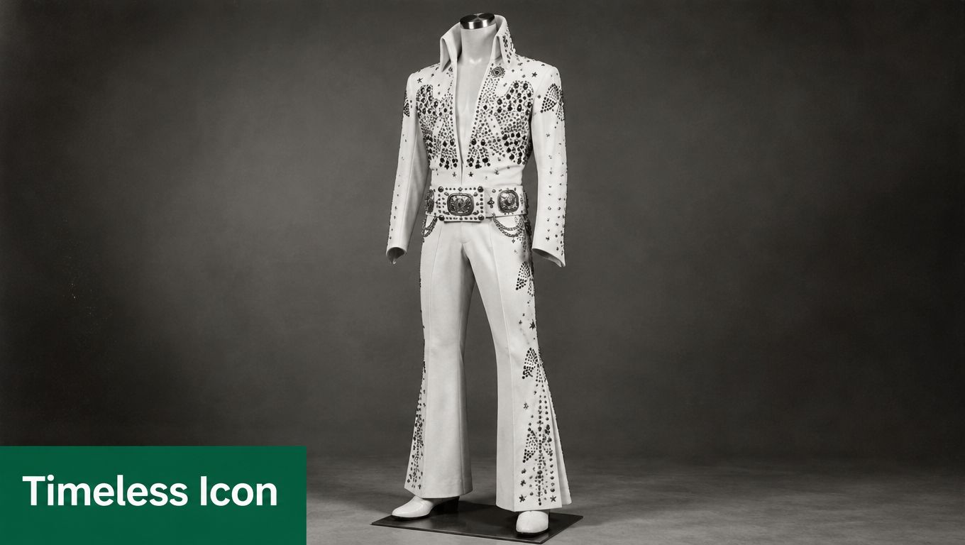 A vintage Elvis Presley white jumpsuit costume displayed on a mannequin against a dark grey background.