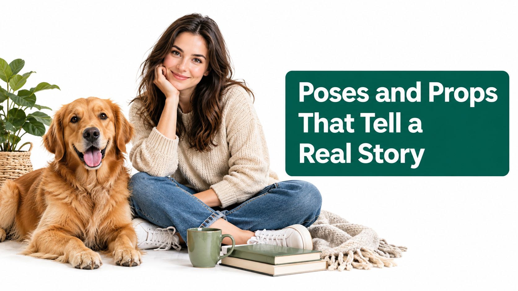 A smiling young woman sits on the floor with her golden retriever dog, books, and coffee mug.