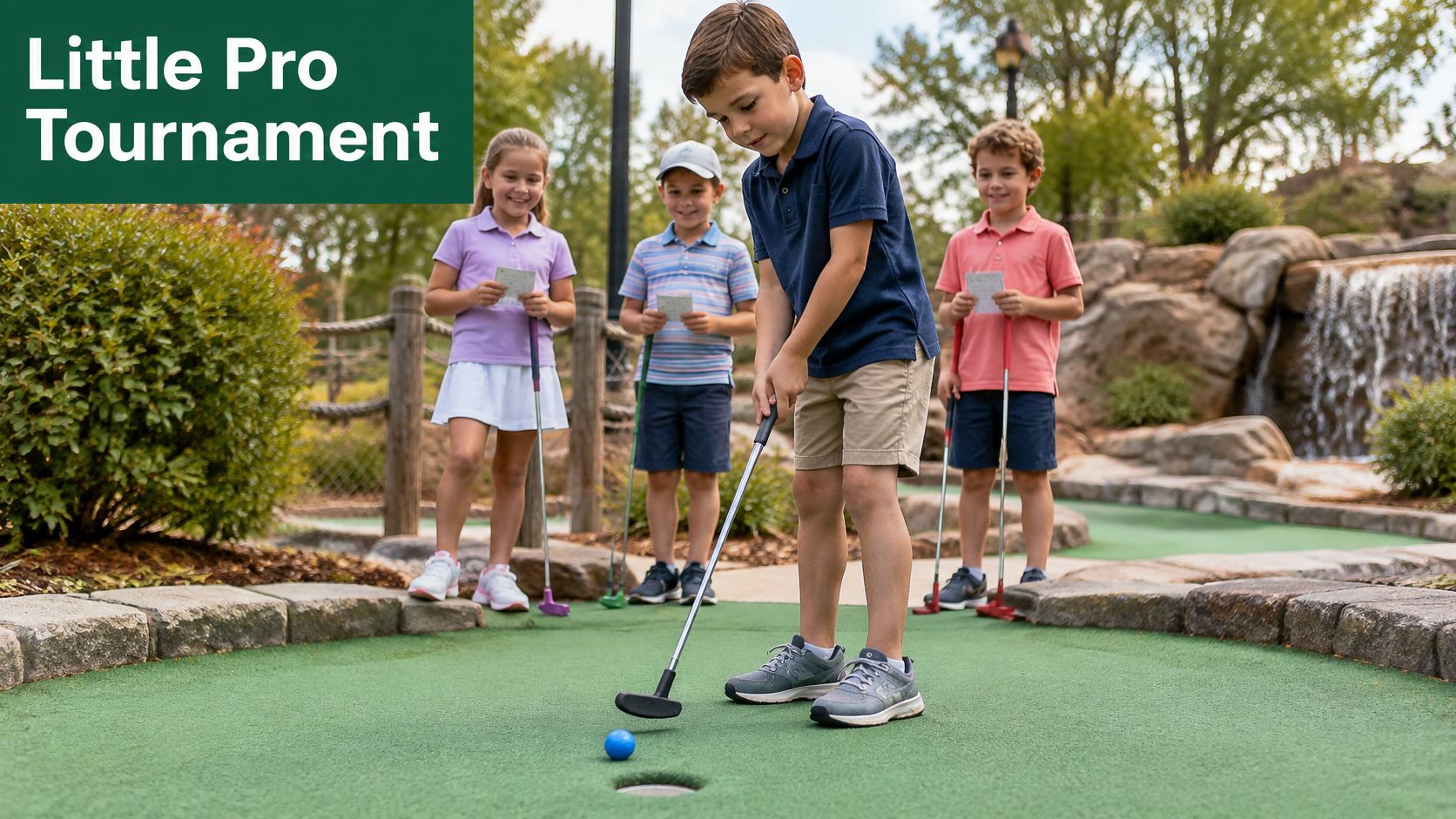 A group of children playing mini-golf during a fun outdoor birthday party celebration together.