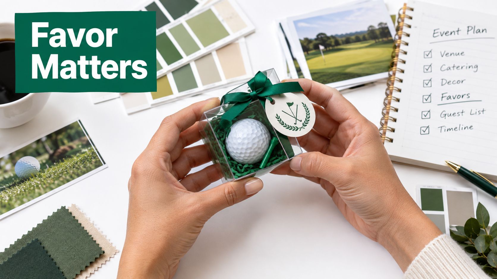 A person holding a golf-themed party favor box with a golf ball and tee inside a clear container.
