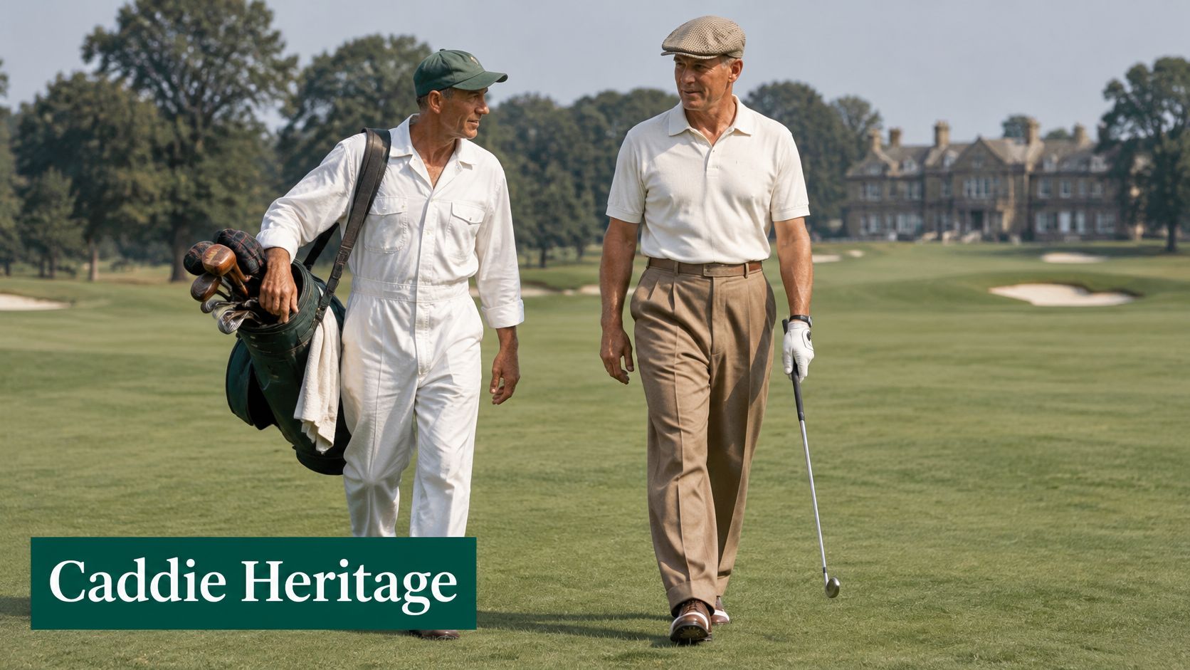 A golfer and a caddie in white overalls walking across a historic golf course near a clubhouse.