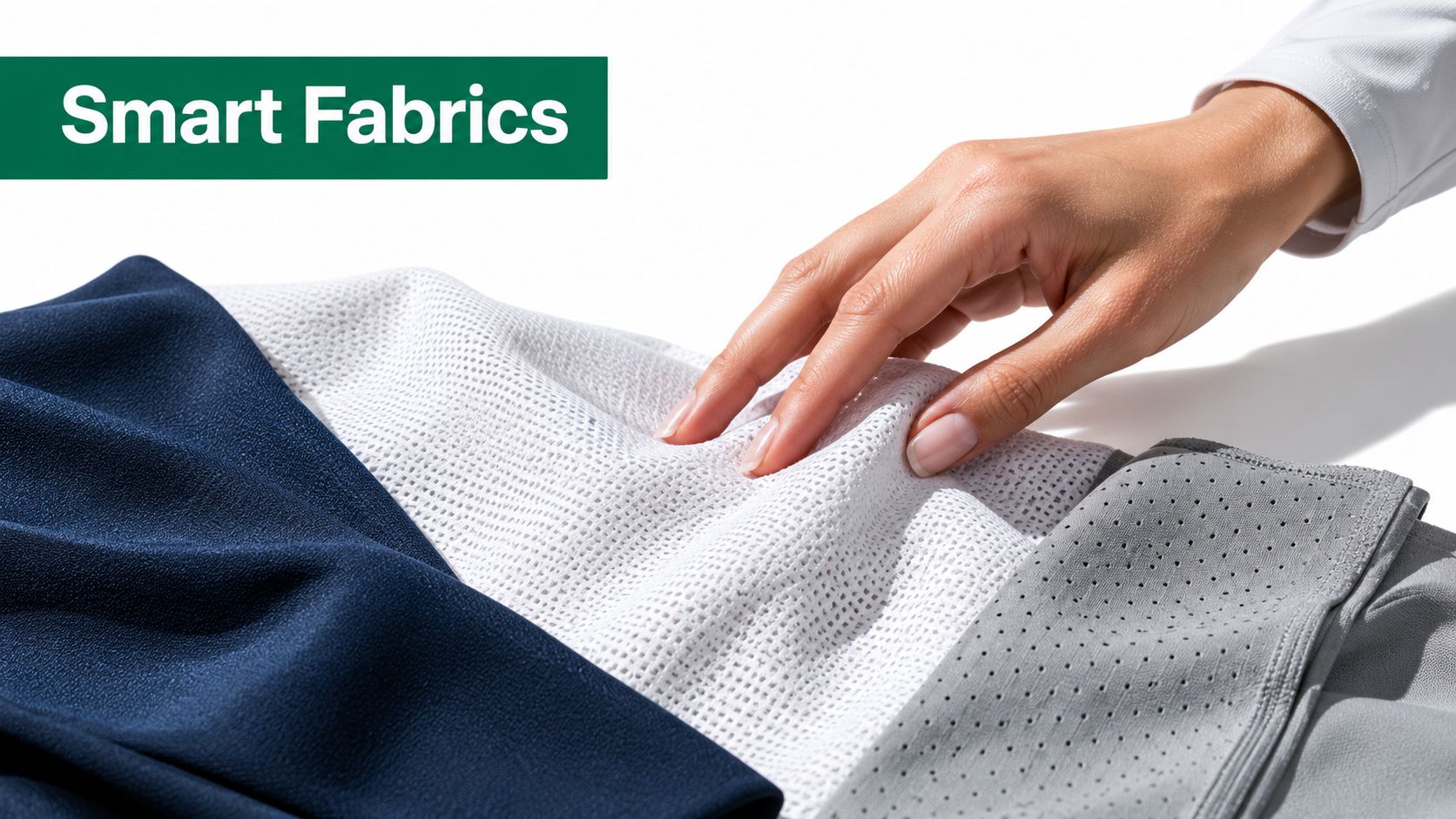A close-up view of a woman's hand touching various types of smart performance athletic clothing fabrics.