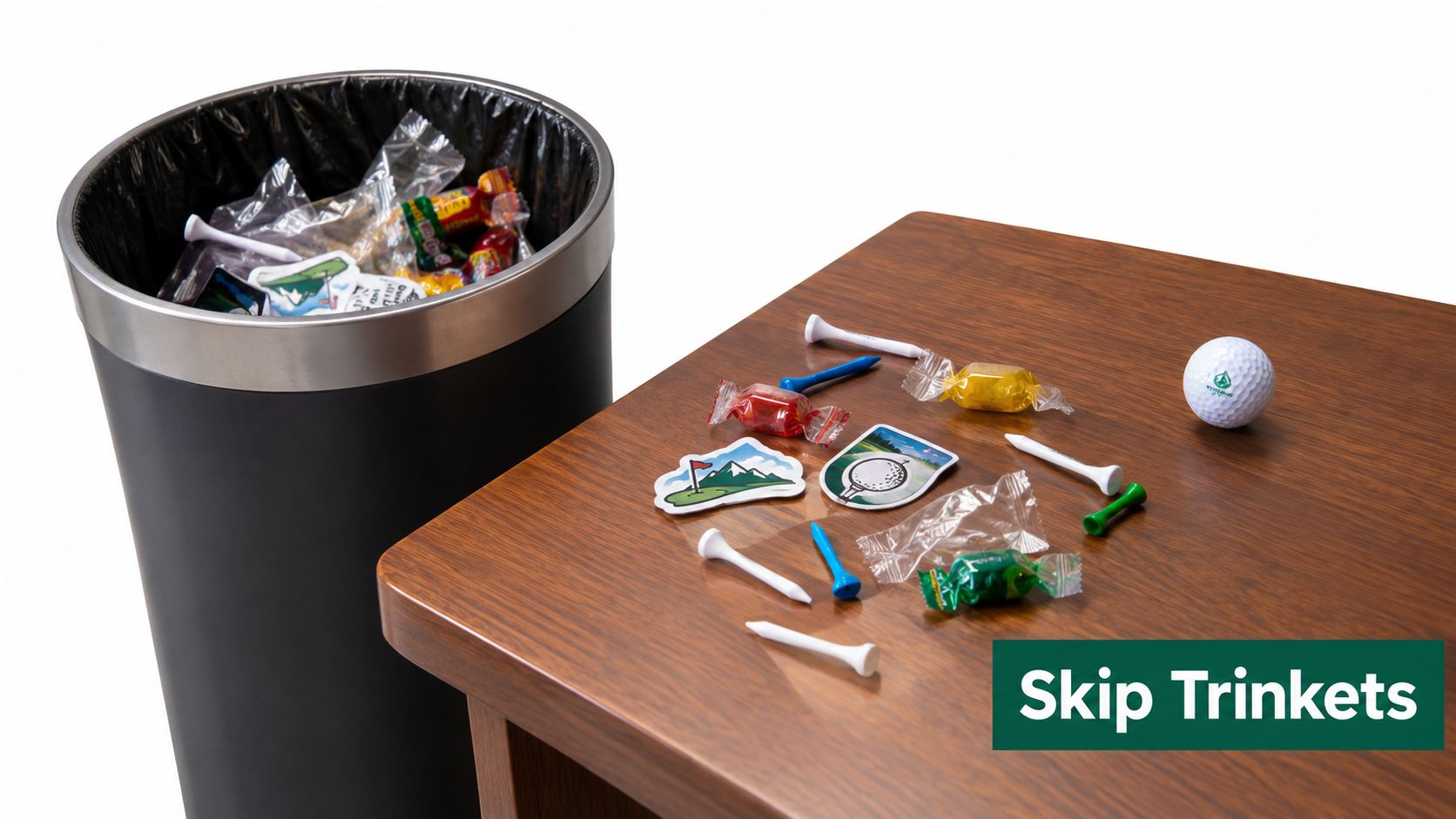 A trash bin beside a wooden table scattered with scattered golf party favor accessories and treats.
