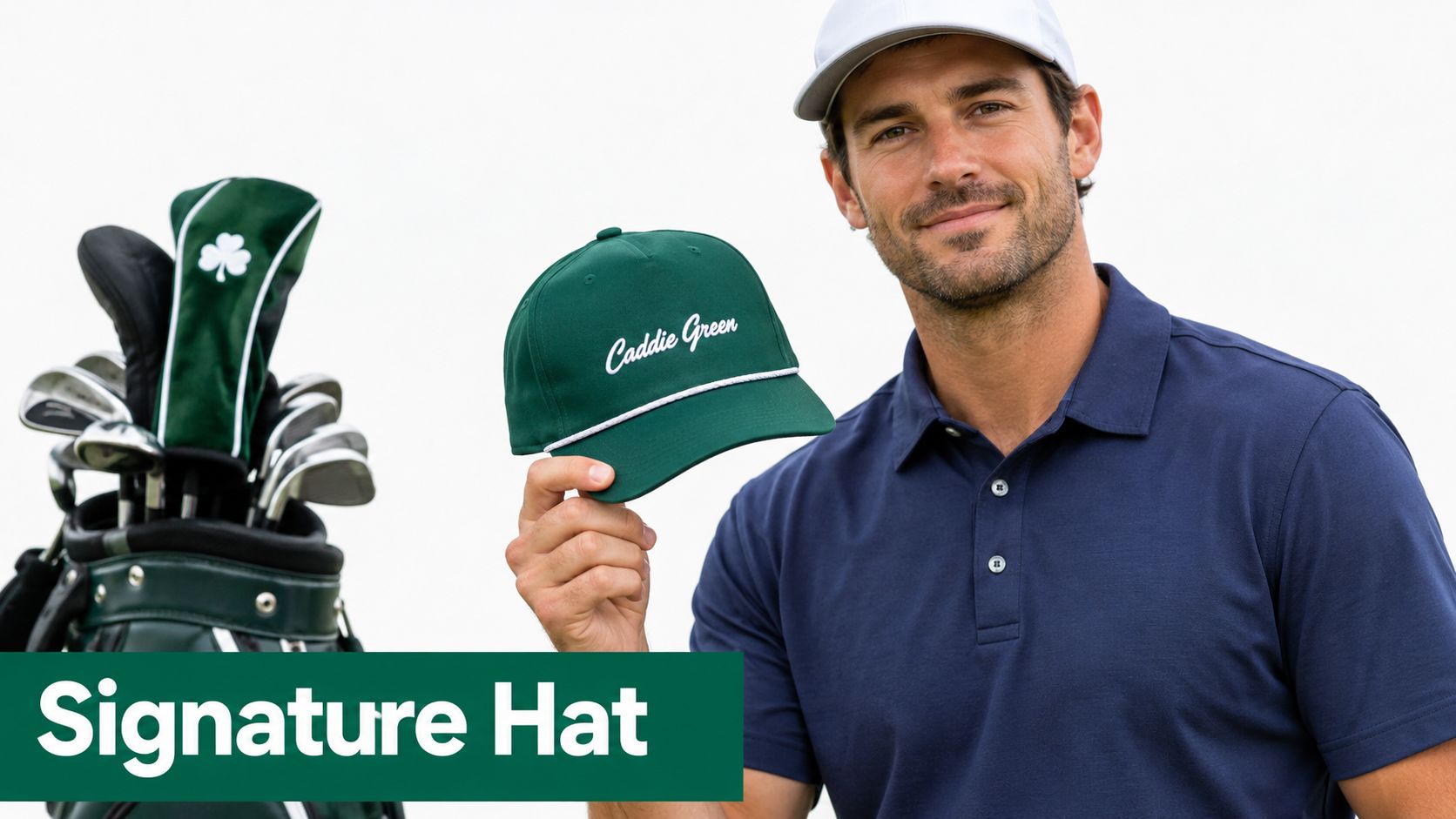 A smiling man in a navy polo shirt holding a green Caddie Green golf hat next to golf clubs.